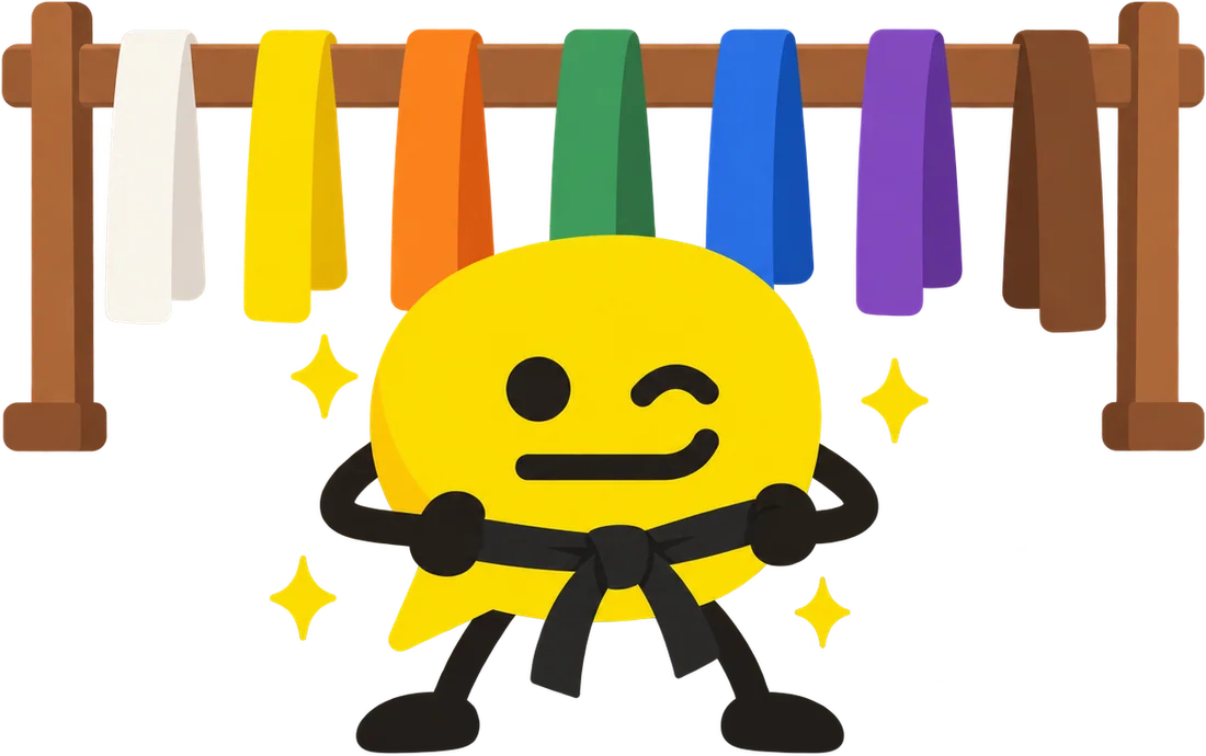 Bubble, Wordojo's mascot, wearing a black belt in front of a rack of coloured belts