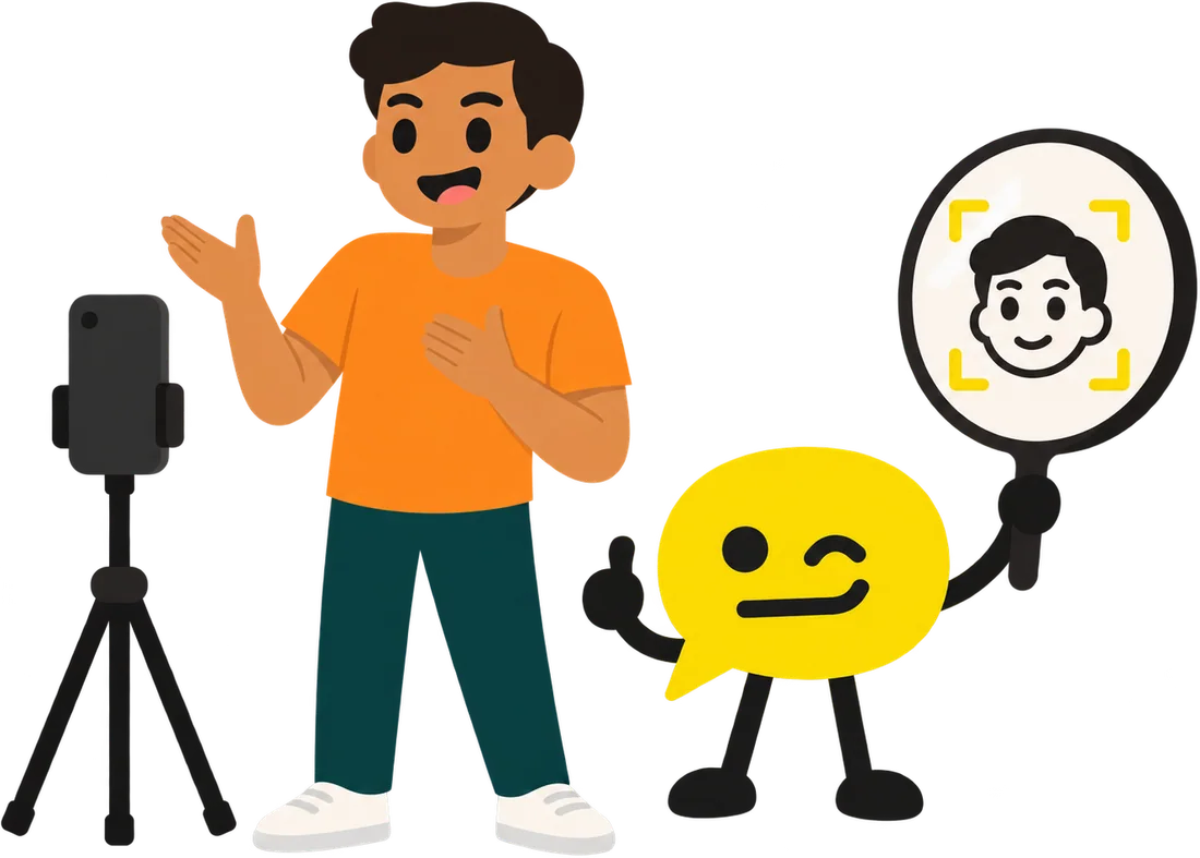 A man speaking to his phone on a tripod while Bubble holds up a mirror